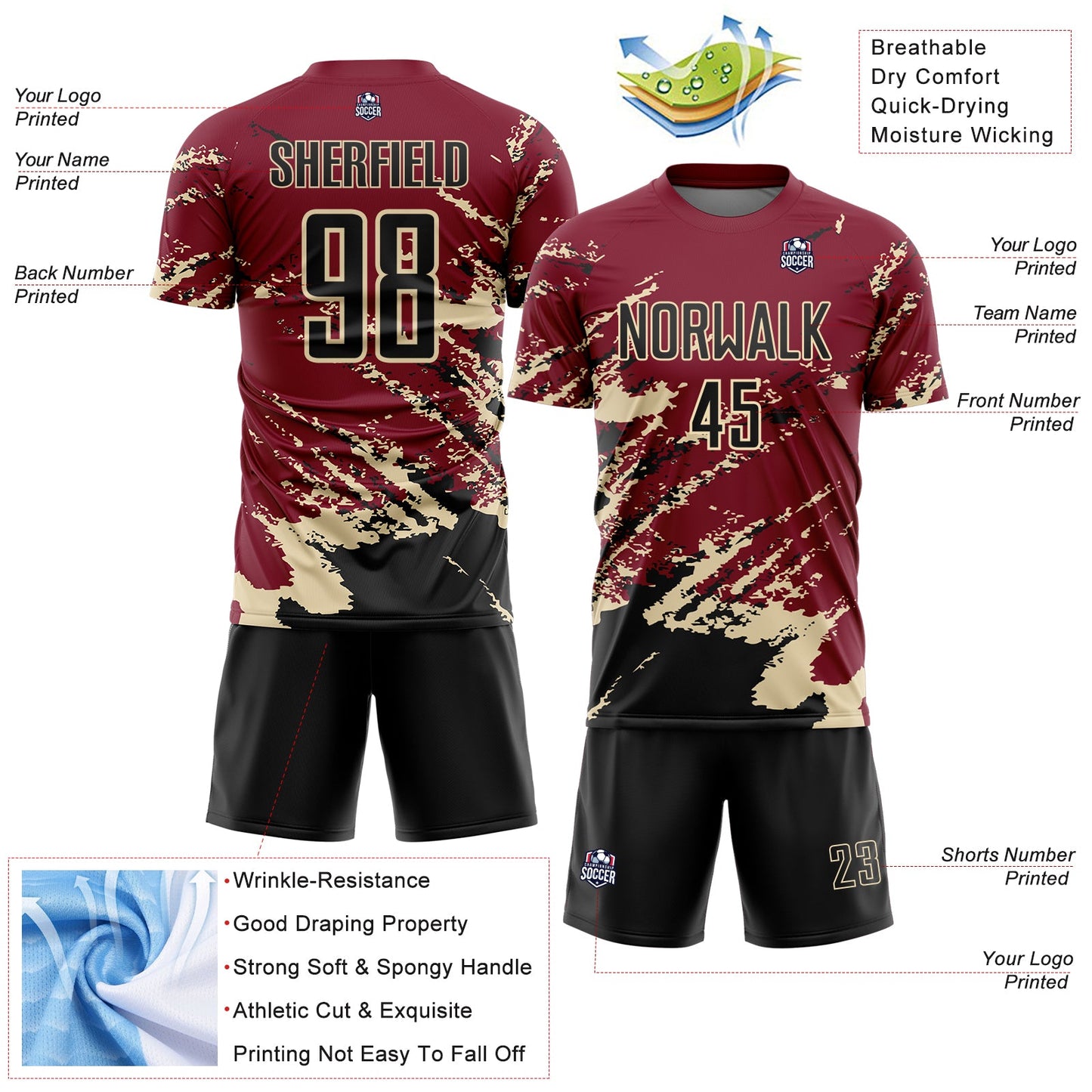Custom Crimson Black-Cream Abstract Fragment Art Splash Sports Sublimation Soccer Uniform Jersey Limited