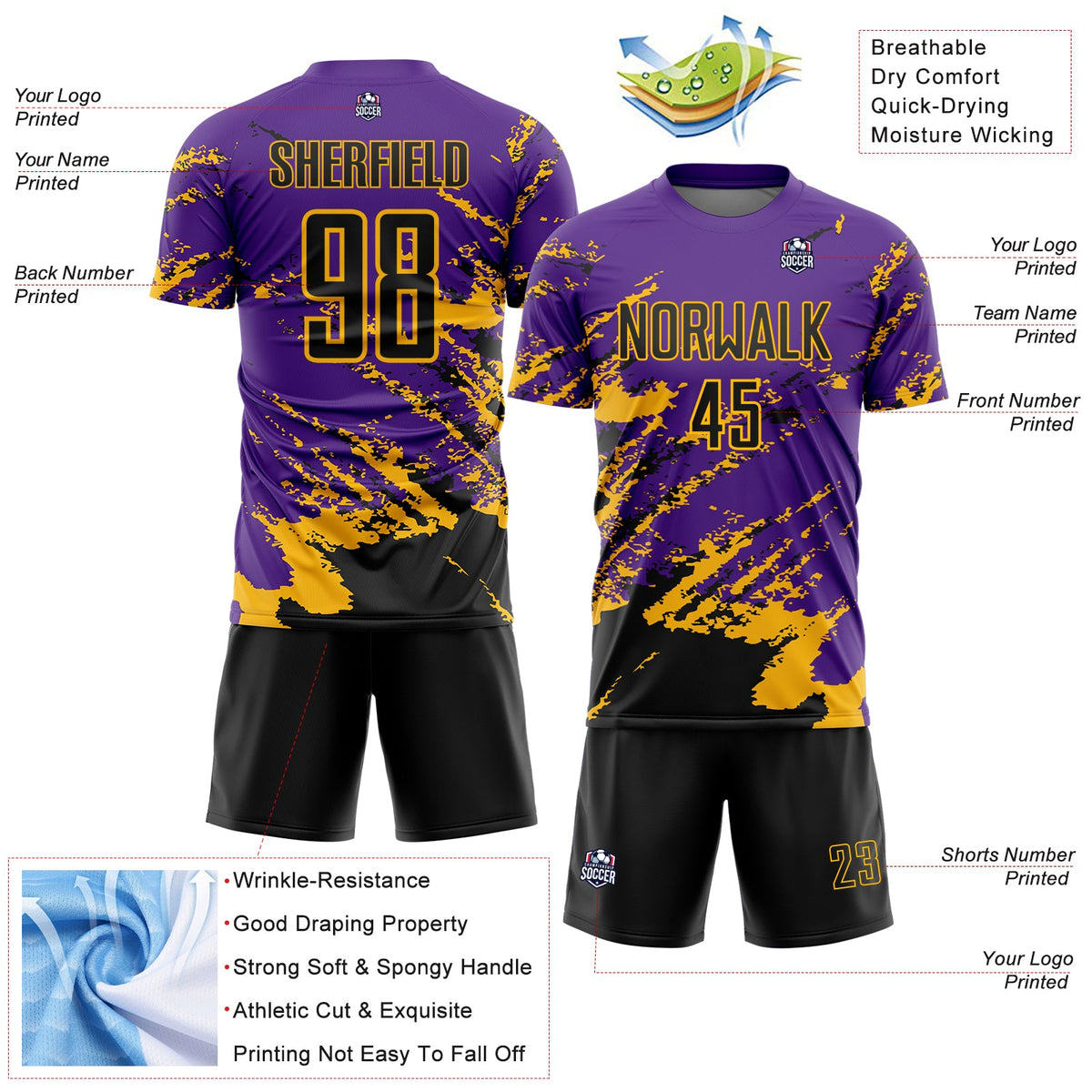 Custom Purple Black-Gold Abstract Fragment Art Splash Sports Sublimation Soccer Uniform Jersey Limited