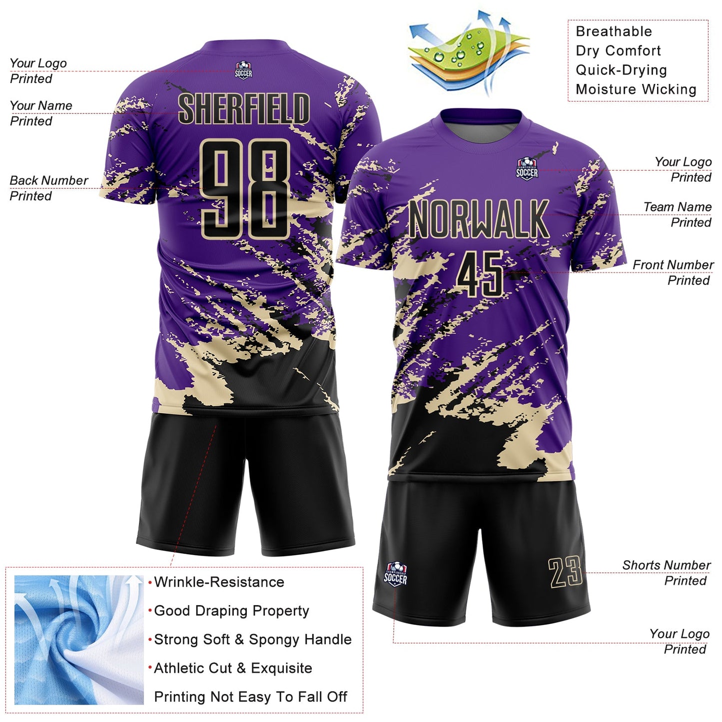 Custom Purple Black-Cream Abstract Fragment Art Splash Sports Sublimation Soccer Uniform Jersey Limited