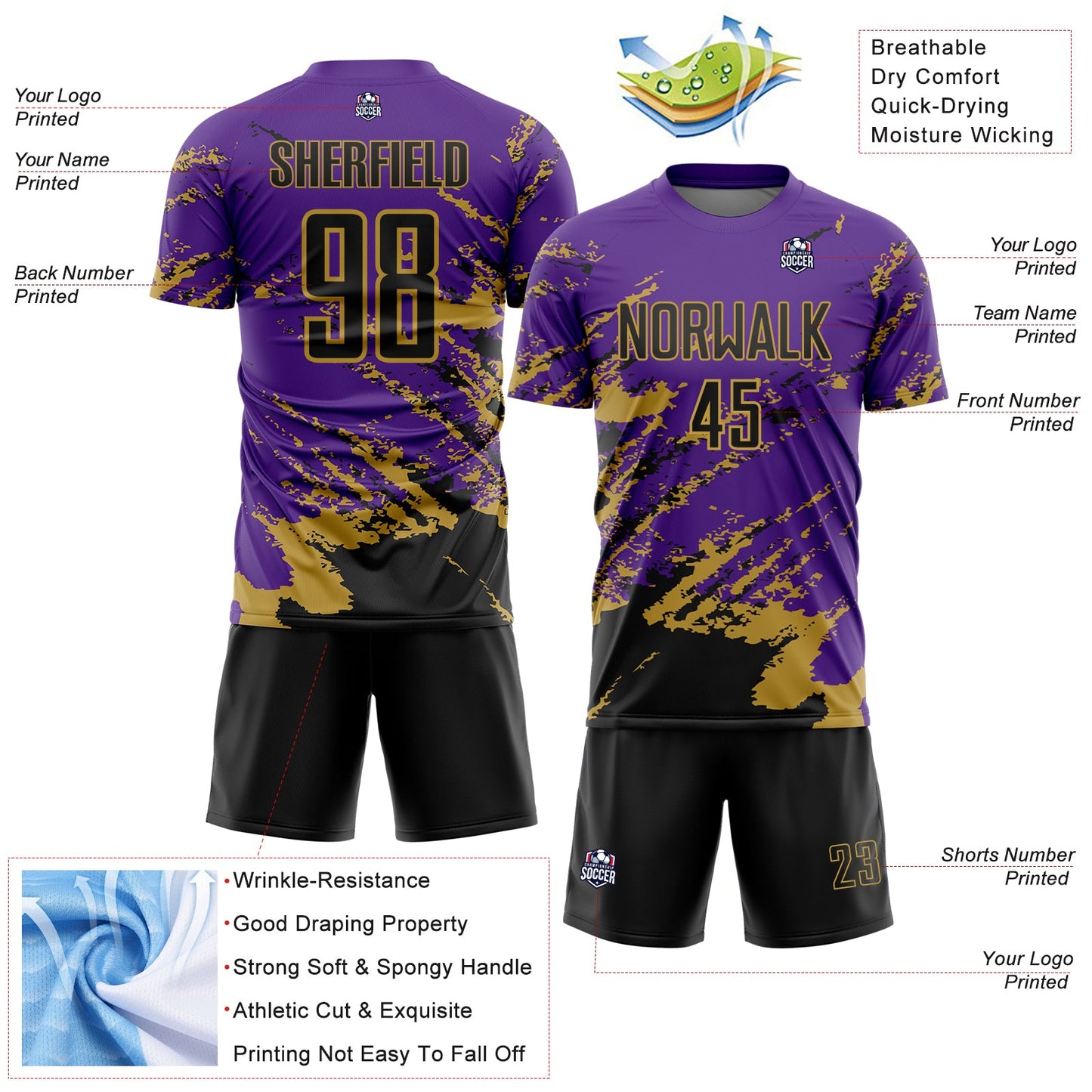 Custom Purple Black-Old Gold Abstract Fragment Art Splash Sports Sublimation Soccer Uniform Jersey Limited