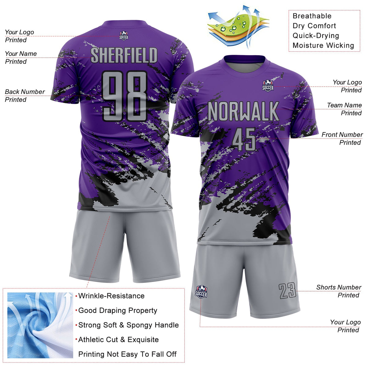 Custom Purple Gray-Black Abstract Fragment Art Splash Sports Sublimation Soccer Uniform Jersey Limited