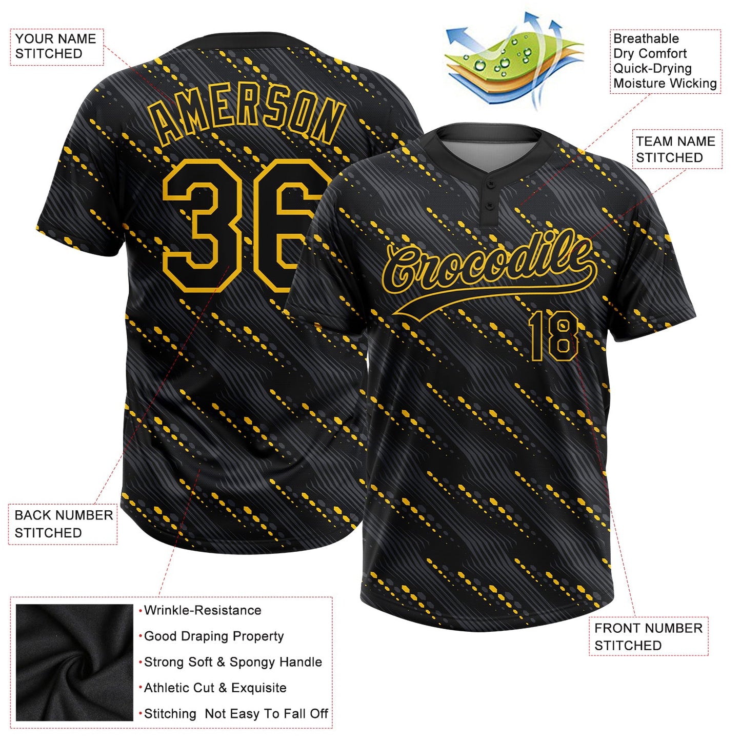 Custom Black Black-Gold 3D Pattern Two-Button Unisex Softball Jersey Limited
