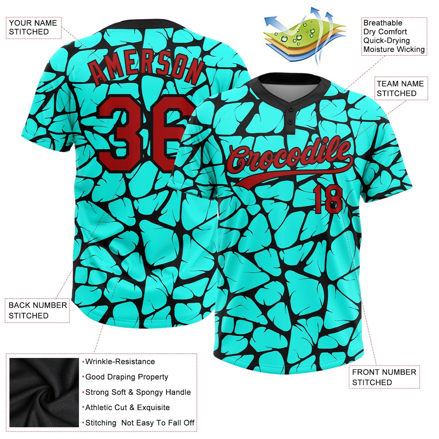 Custom Aqua Red-Black 3D Pattern Two-Button Unisex Softball Jersey Limited