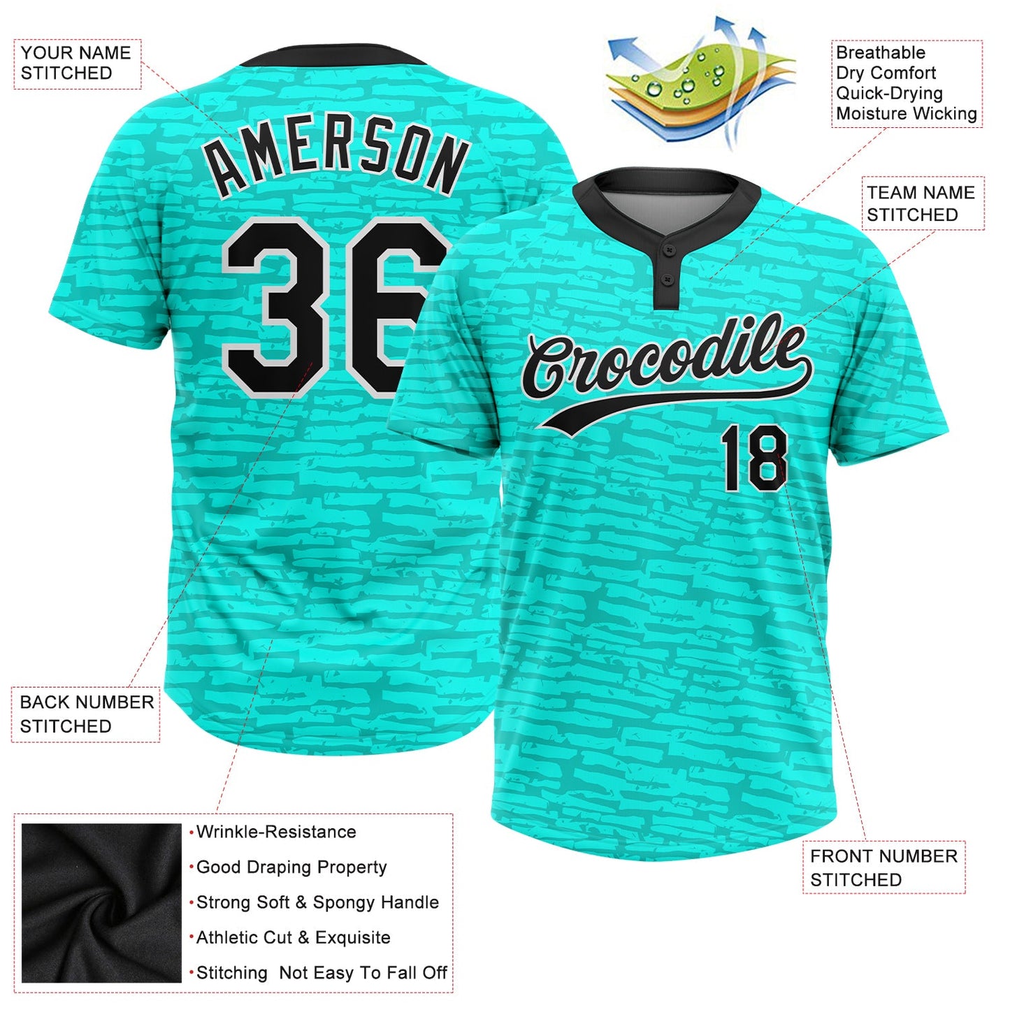 Custom Teal Black-White 3D Pattern Two-Button Unisex Softball Jersey Limited