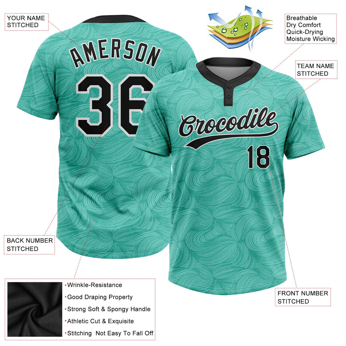 Custom Teal Black-White 3D Pattern Two-Button Unisex Softball Jersey Limited