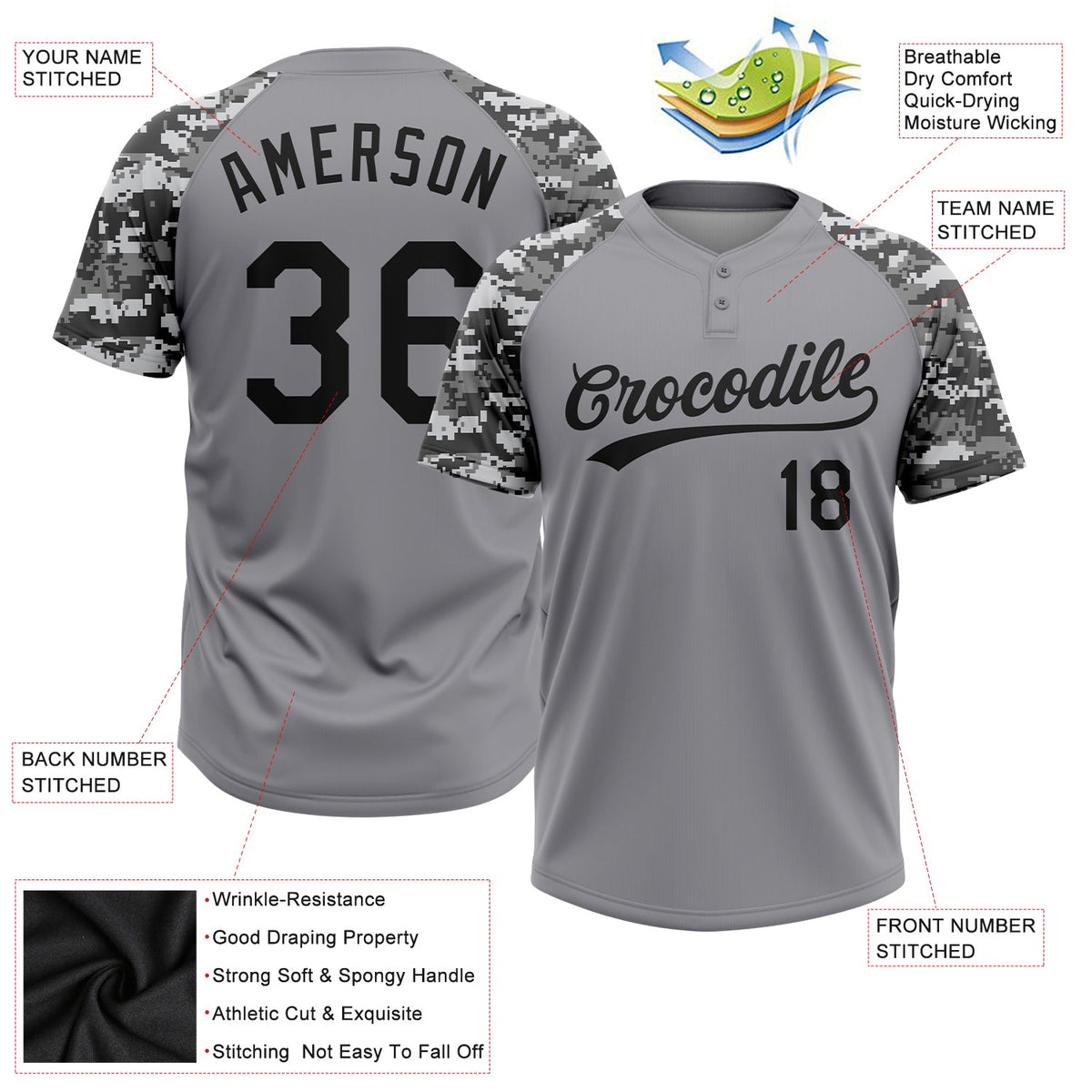 Custom Gray Black-Camo 3D Pattern Two-Button Unisex Softball Jersey Limited