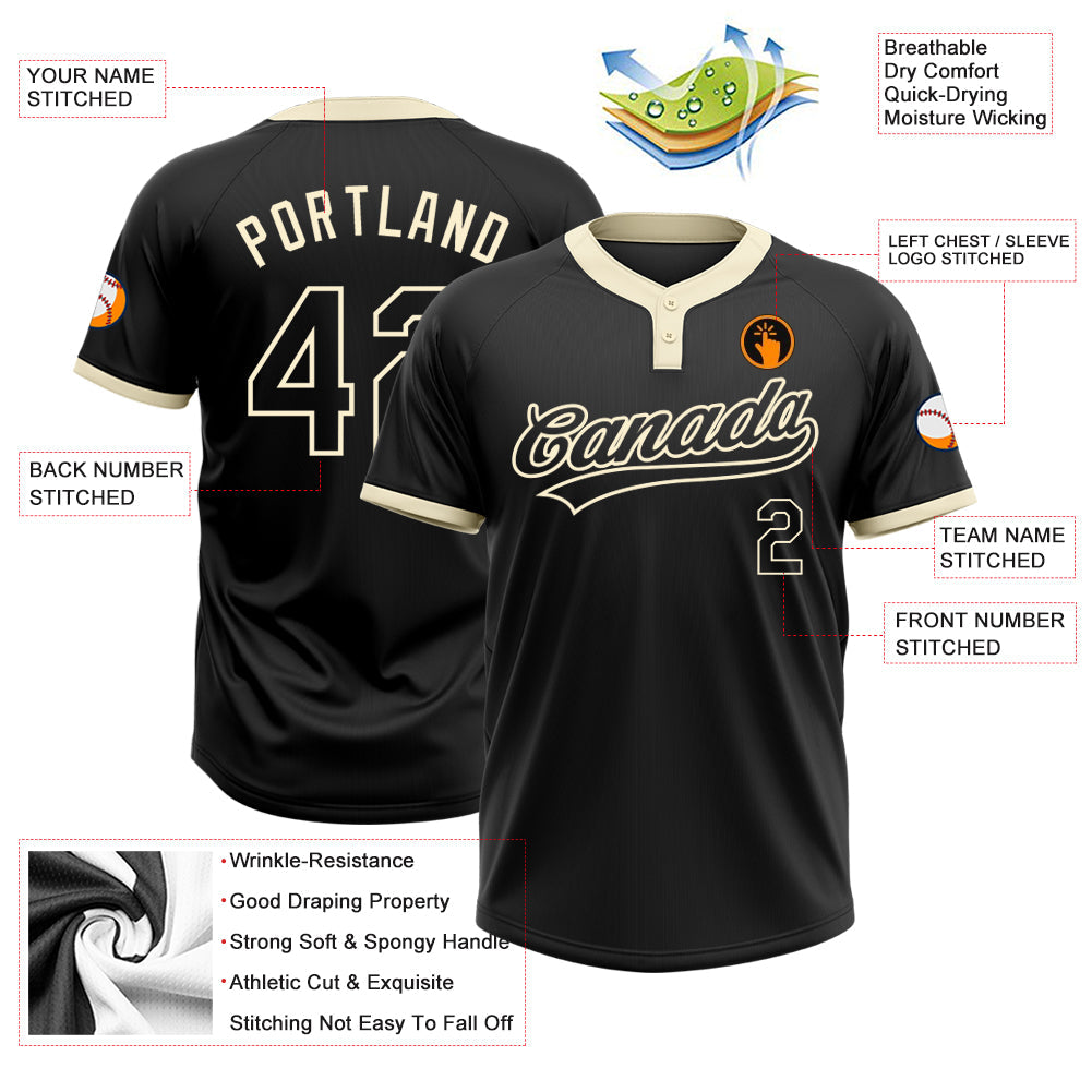 Custom Black Black-Cream Two-Button Unisex Softball Jersey Limited