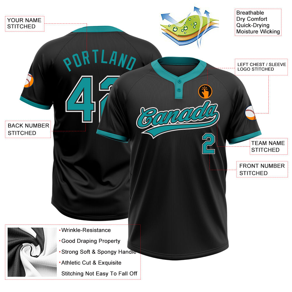 Custom Black Teal-White Two-Button Unisex Softball Jersey Limited