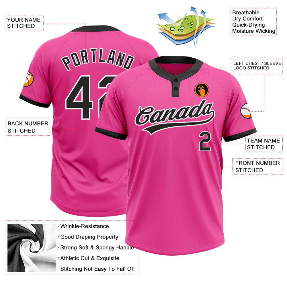 Custom Pink Black-White Two-Button Unisex Softball Jersey Limited