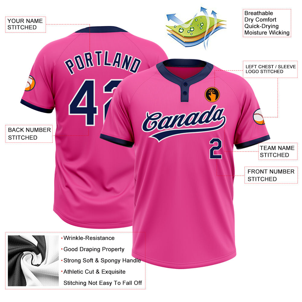 Custom Pink Navy-White Two-Button Unisex Softball Jersey Limited