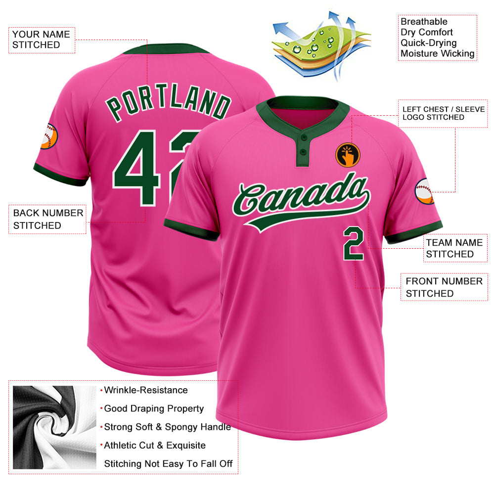 Custom Pink Green-White Two-Button Unisex Softball Jersey Limited