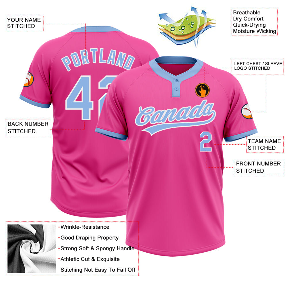Custom Pink Light Blue-White Two-Button Unisex Softball Jersey Limited