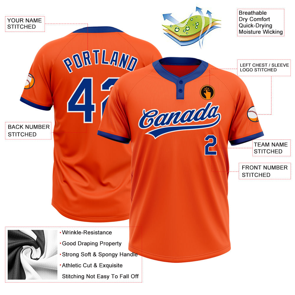 Custom Orange Royal-White Two-Button Unisex Softball Jersey Limited