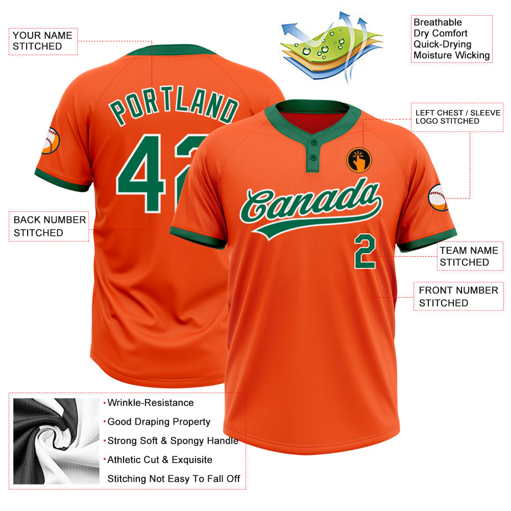 Custom Orange Kelly Green-White Two-Button Unisex Softball Jersey Limited