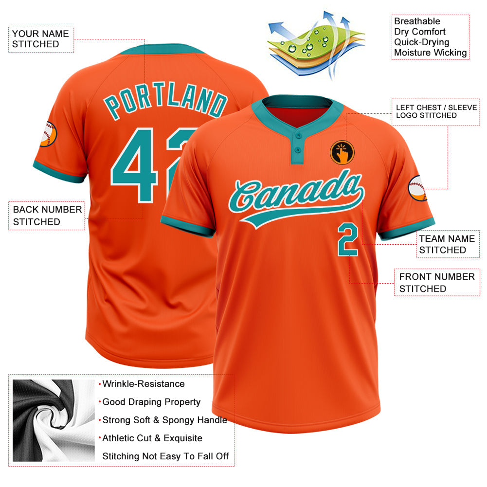 Custom Orange Teal-White Two-Button Unisex Softball Jersey Limited