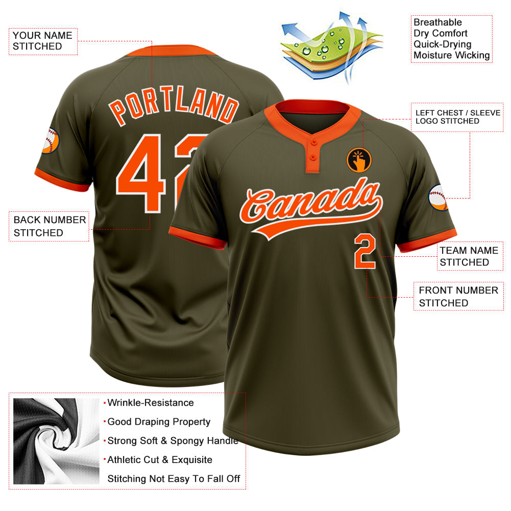 Custom Olive Orange-White Salute To Service Two-Button Unisex Softball Jersey Limited