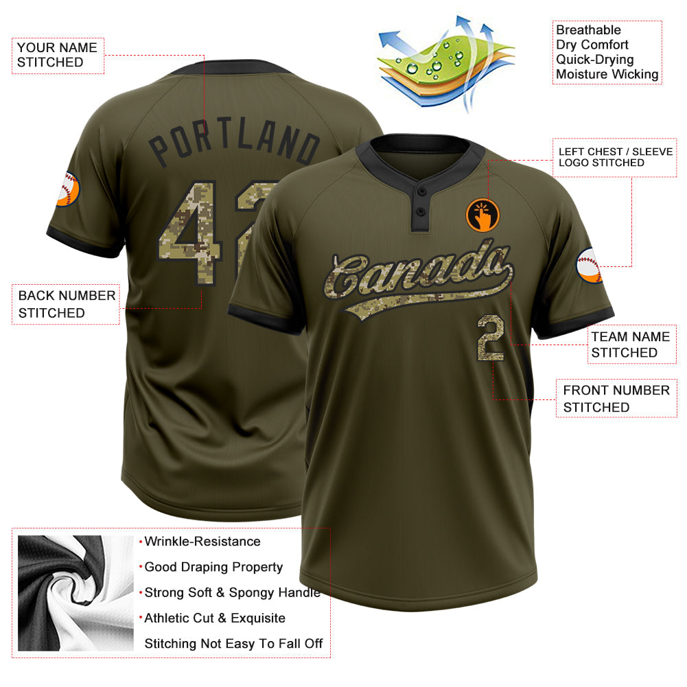 Custom Olive Camo-Black Salute To Service Two-Button Unisex Softball Jersey Limited