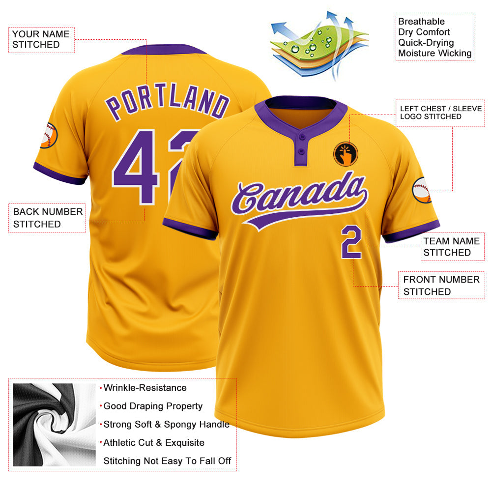 Custom Gold Purple-White Two-Button Unisex Softball Jersey Limited