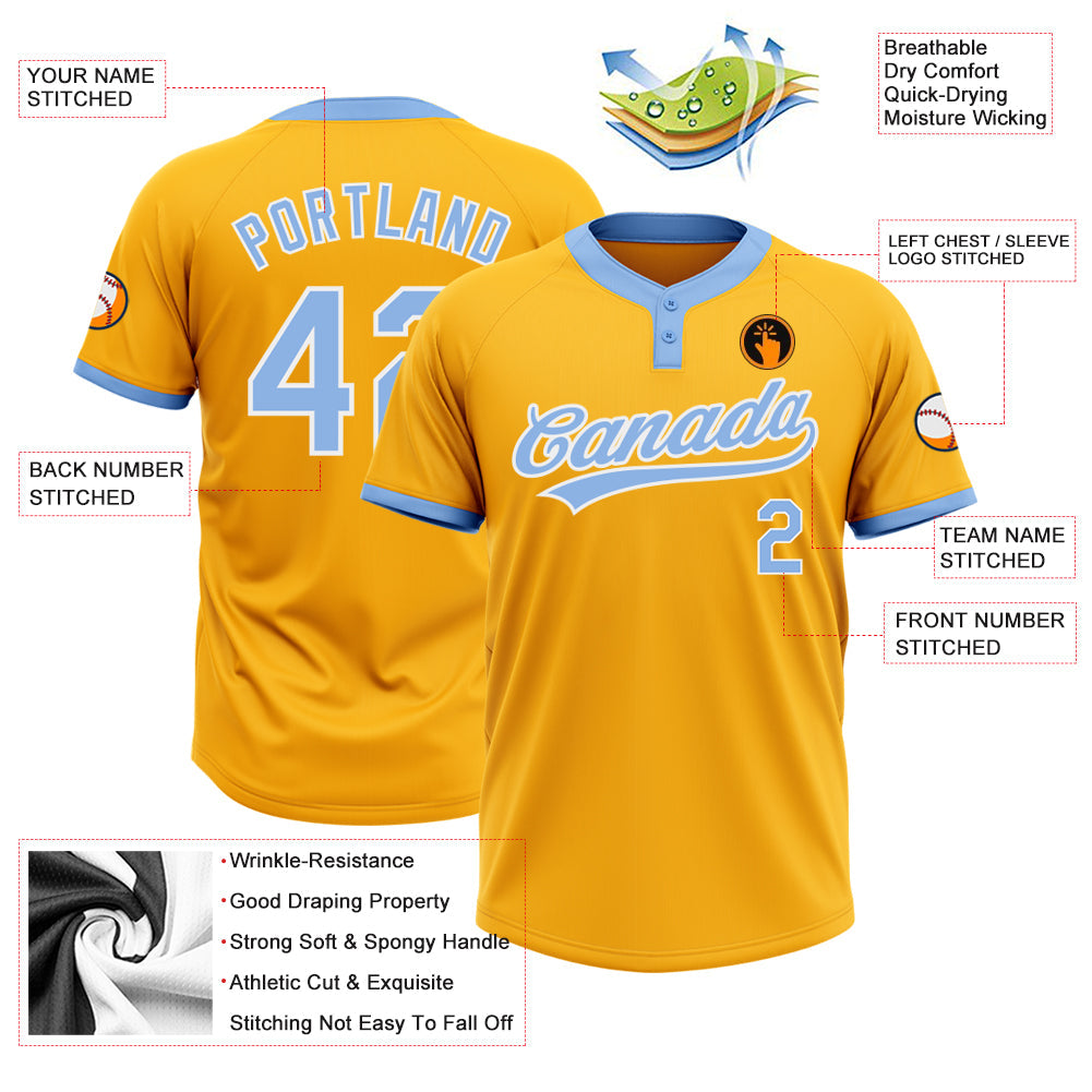 Custom Gold Light Blue-White Two-Button Unisex Softball Jersey Limited