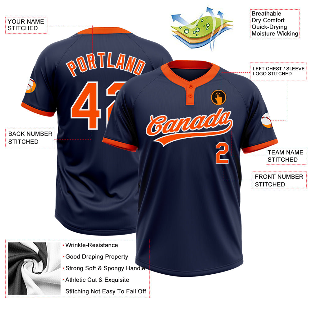 Custom Navy Orange-White Two-Button Unisex Softball Jersey Limited