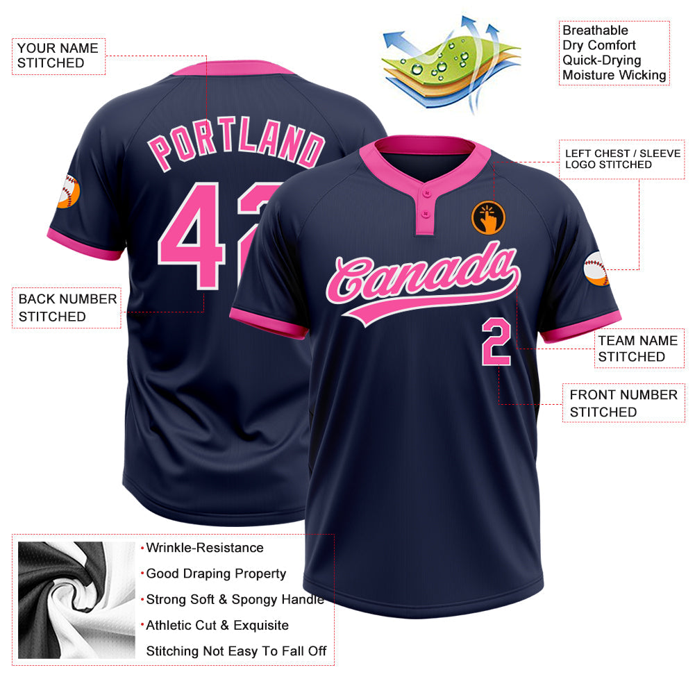 Custom Navy Pink-White Two-Button Unisex Softball Jersey Limited