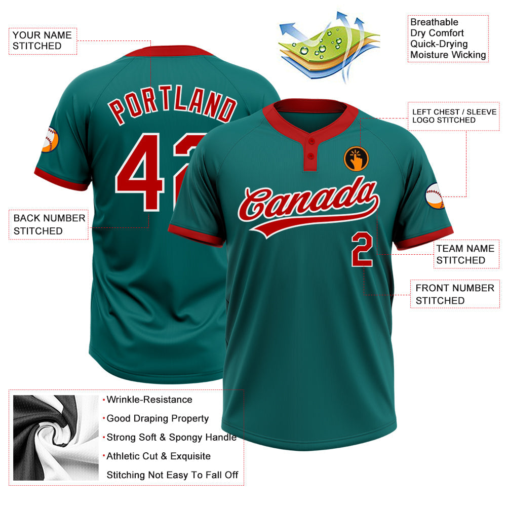 Custom Teal Red-White Two-Button Unisex Softball Jersey Limited