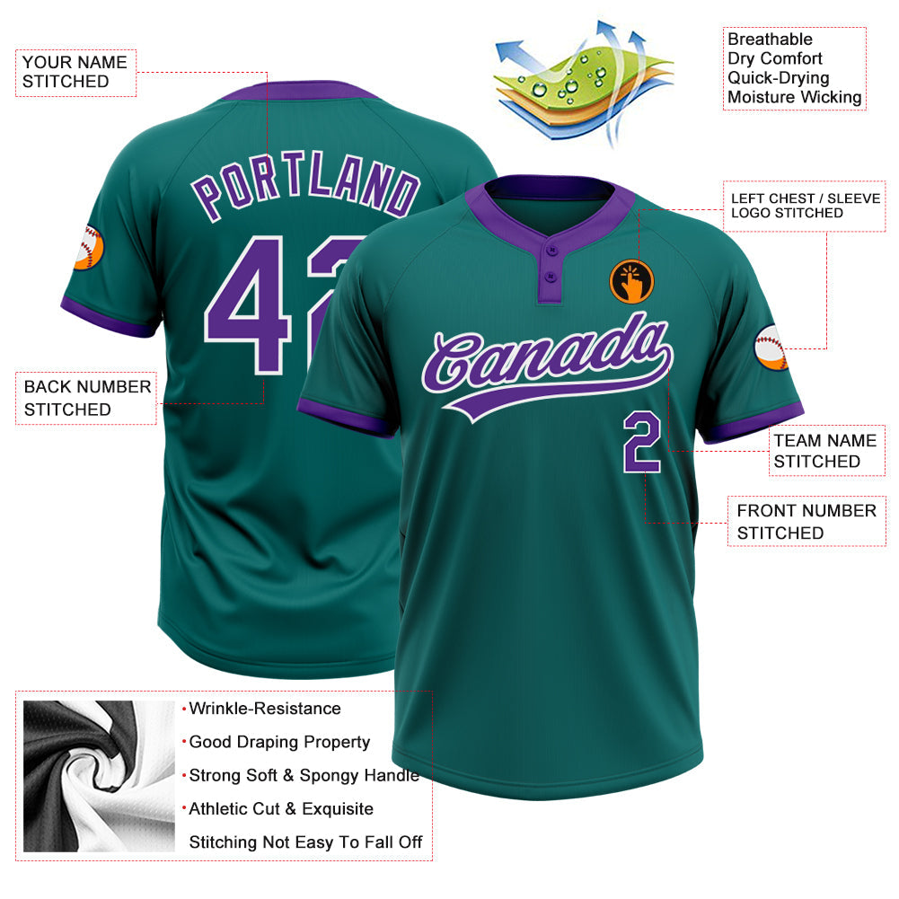 Custom Teal Purple-White Two-Button Unisex Softball Jersey Limited
