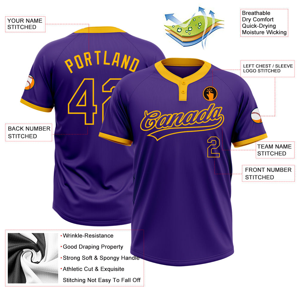 Custom Purple Purple-Gold Two-Button Unisex Softball Jersey Limited