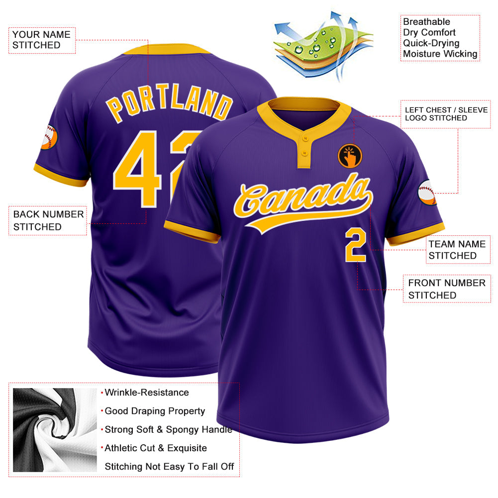 Custom Purple Gold-White Two-Button Unisex Softball Jersey Limited