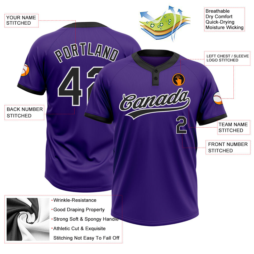 Custom Purple Black-White Two-Button Unisex Softball Jersey Limited