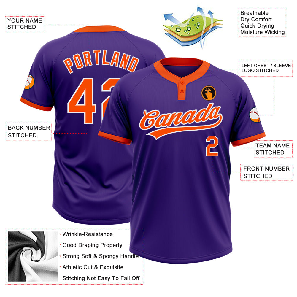 Custom Purple Orange-White Two-Button Unisex Softball Jersey Limited