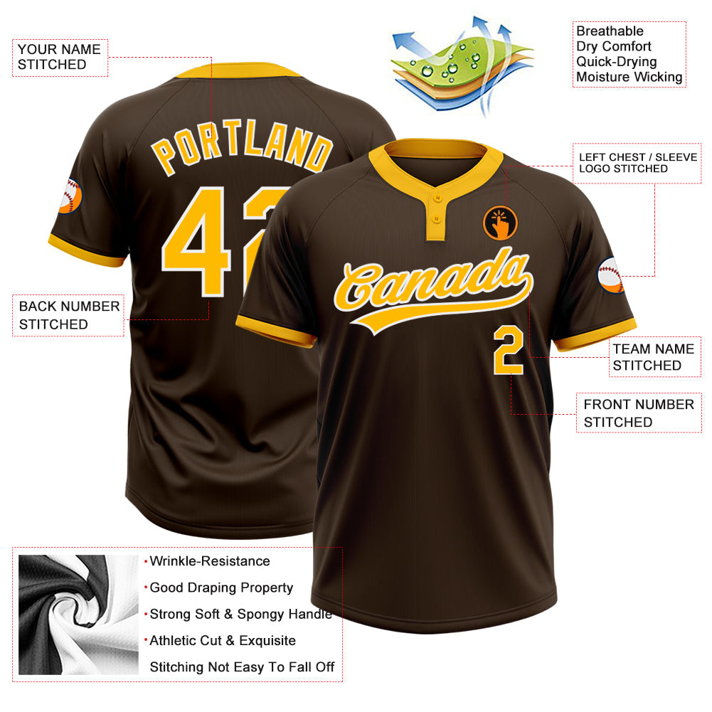 Custom Brown Gold-White Two-Button Unisex Softball Jersey Limited