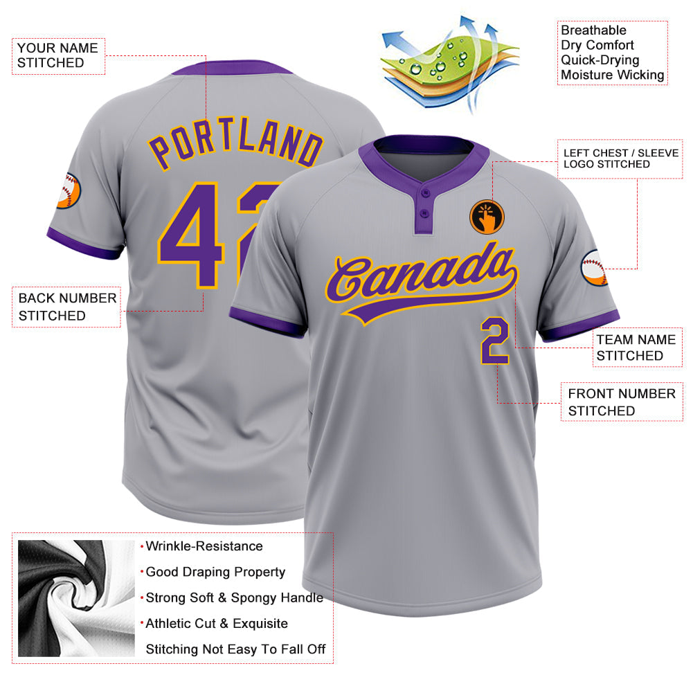 Custom Gray Purple-Gold Two-Button Unisex Softball Jersey Limited