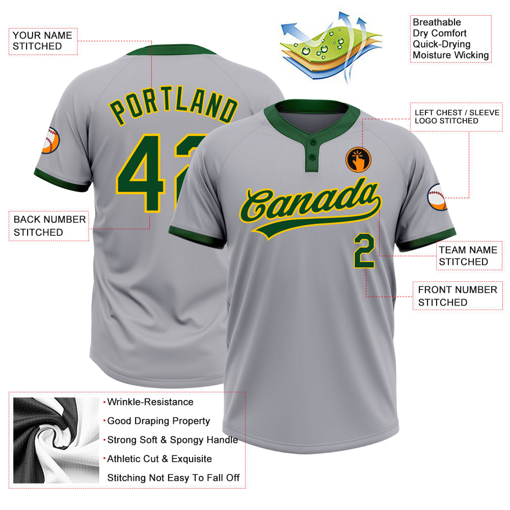 Custom Gray Green-Gold Two-Button Unisex Softball Jersey Limited