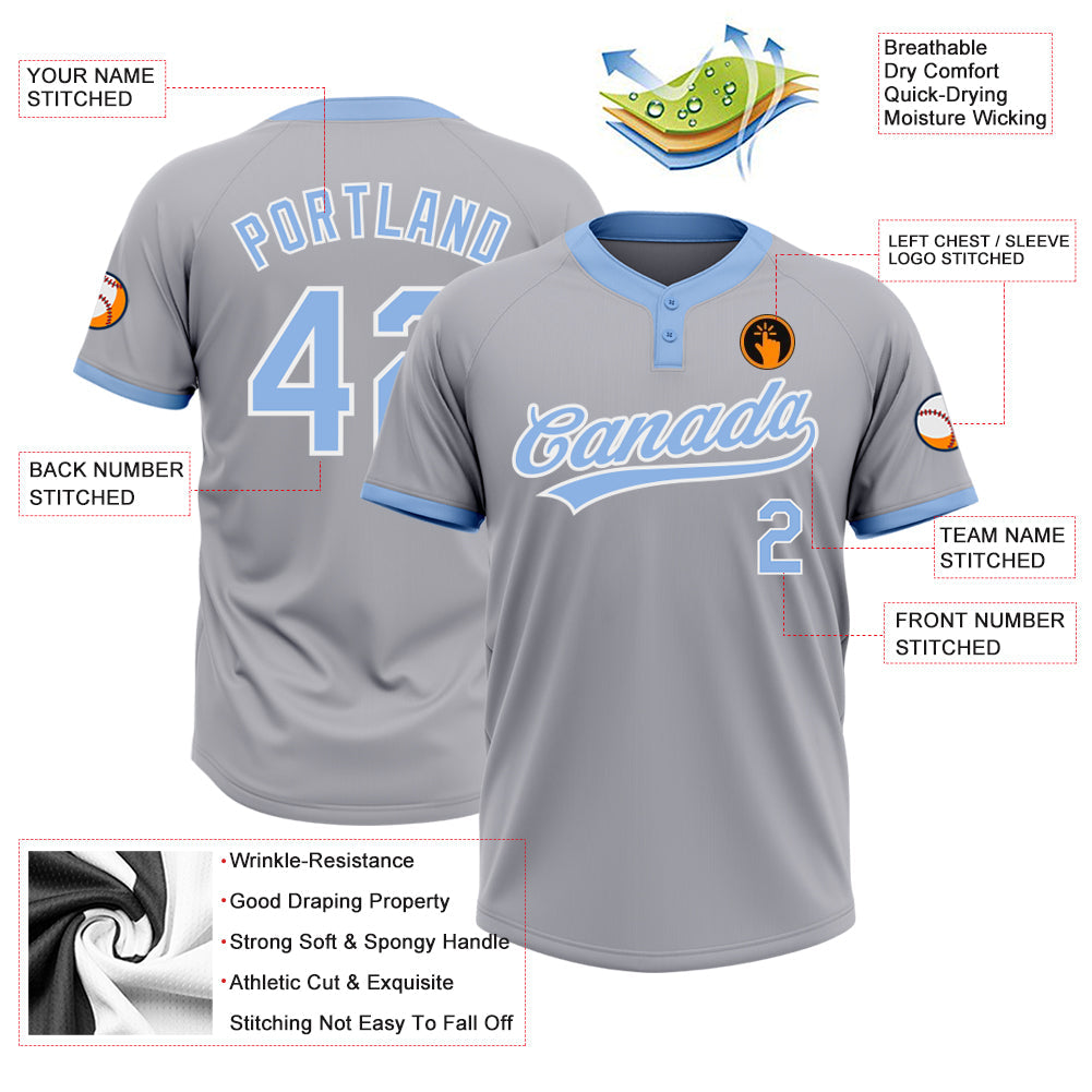 Custom Gray Light Blue-White Two-Button Unisex Softball Jersey Limited