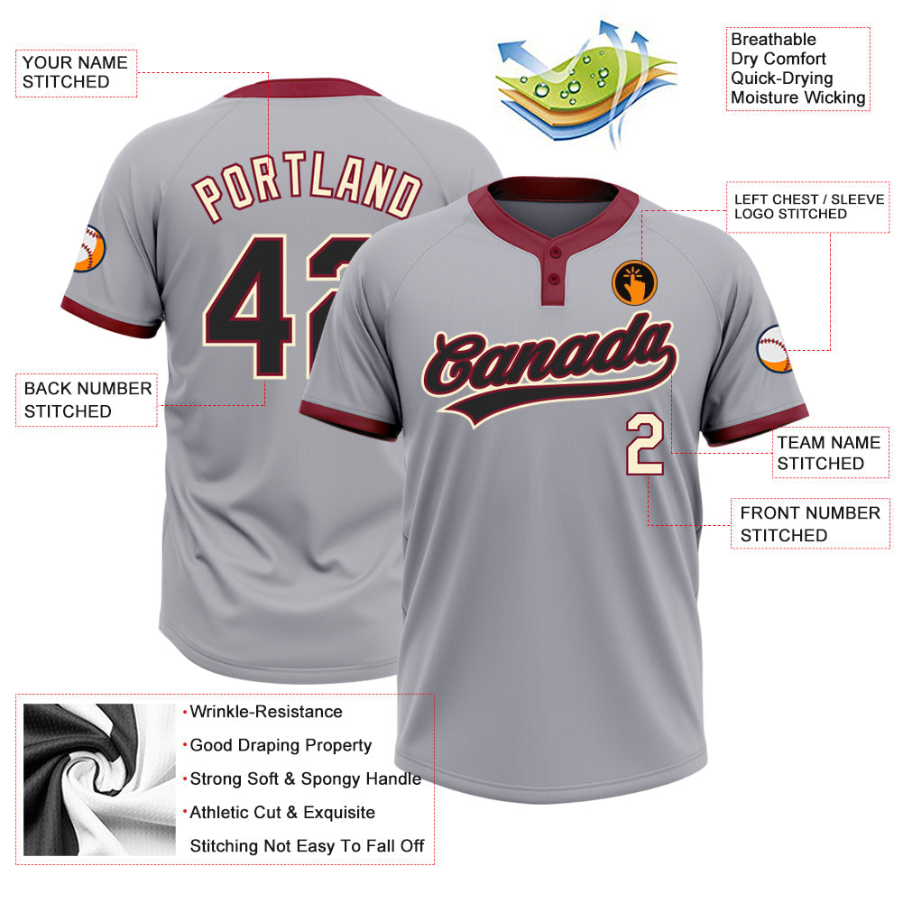 Custom Gray Black Crimson-Cream Two-Button Unisex Softball Jersey Limited