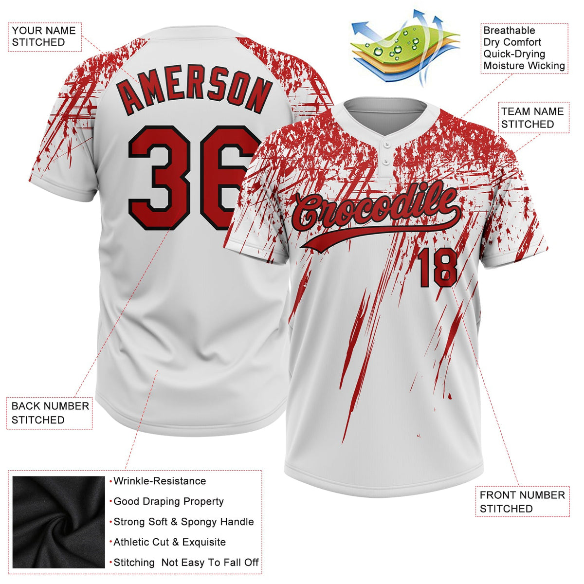 Custom White Red-Black 3D Pattern Two-Button Unisex Softball Jersey Limited