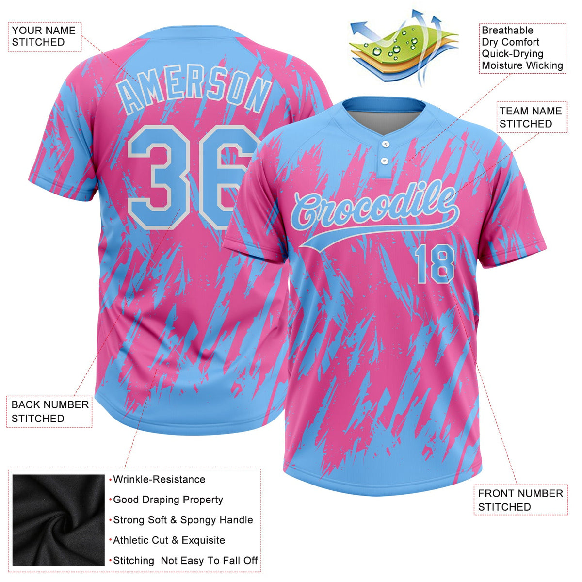 Custom Pink Powder Blue-White 3D Pattern Two-Button Unisex Softball Jersey Limited