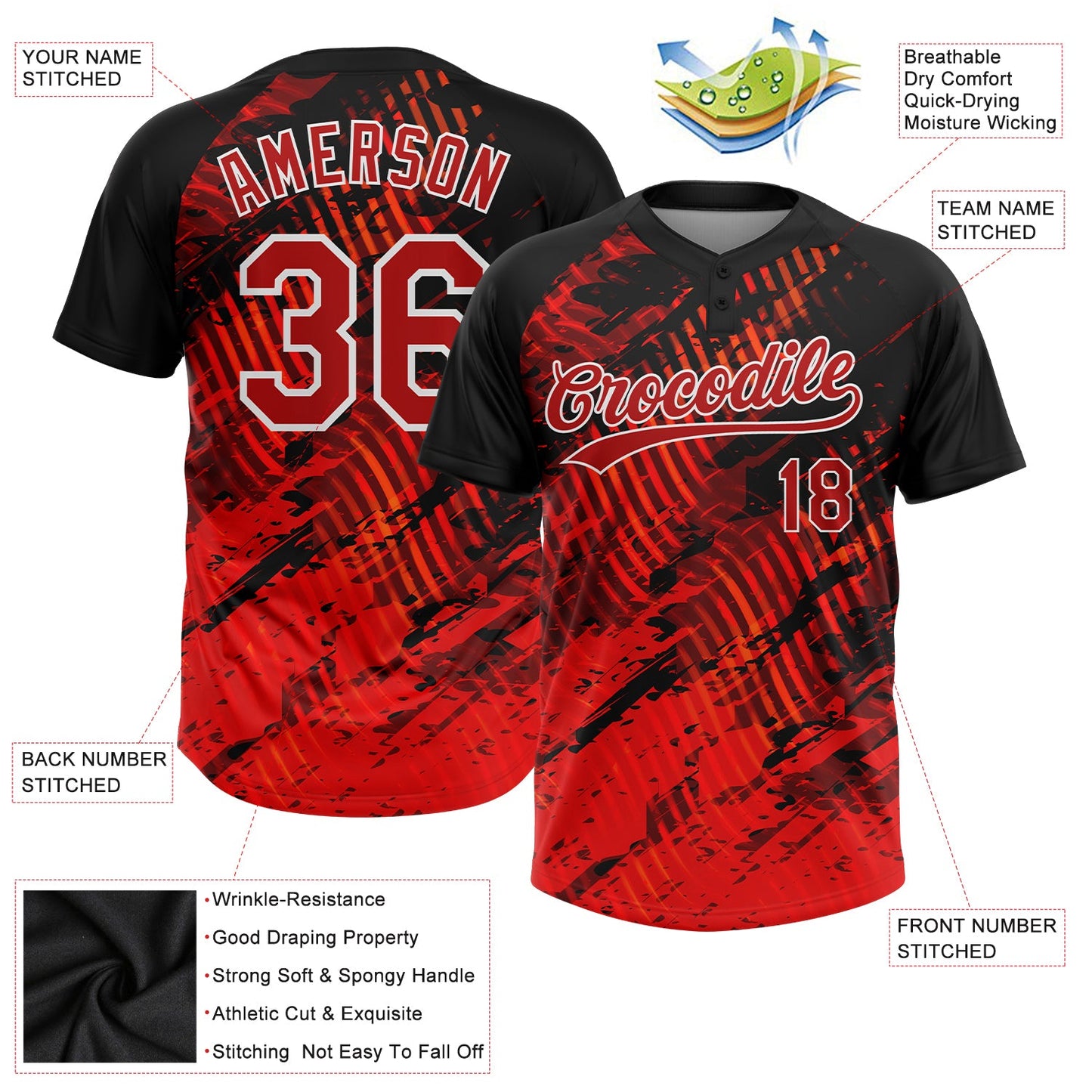Custom Black Red-White 3D Pattern Two-Button Unisex Softball Jersey Limited