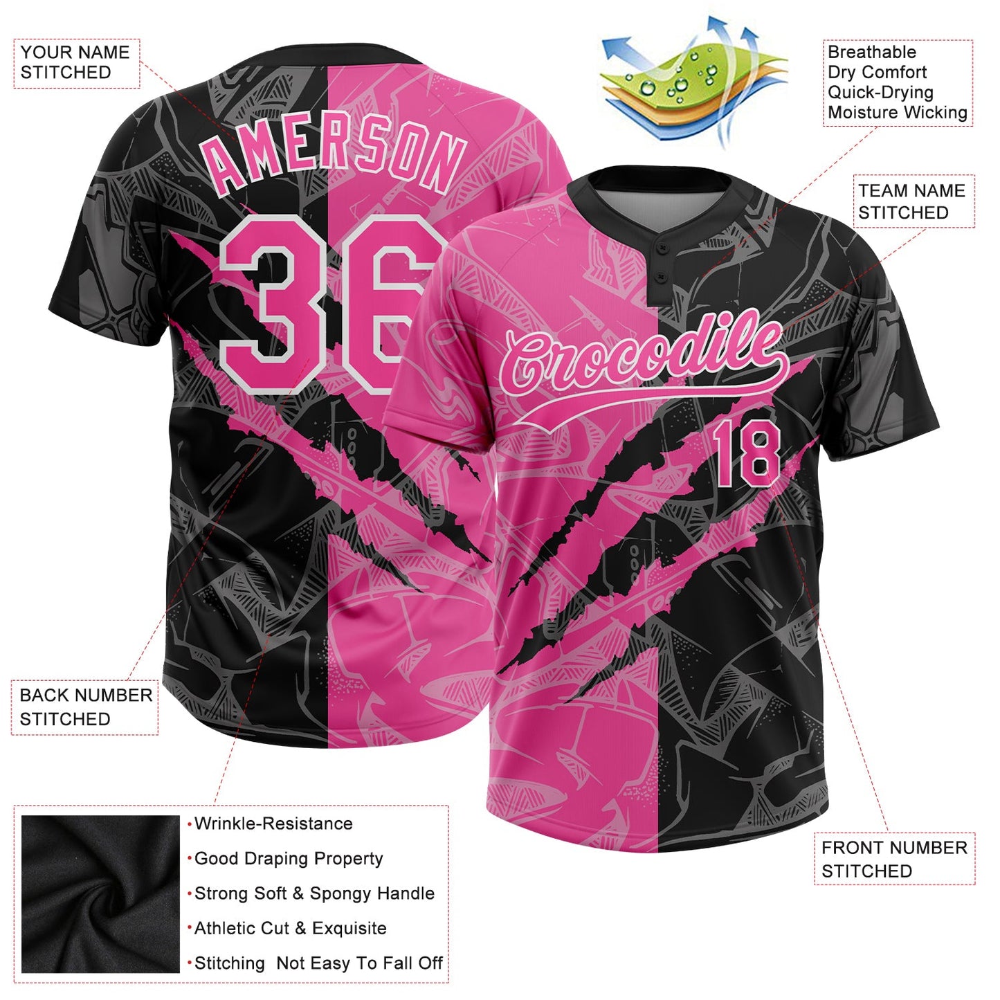 Custom Graffiti Pattern Pink-Black 3D Two-Button Unisex Softball Jersey Limited