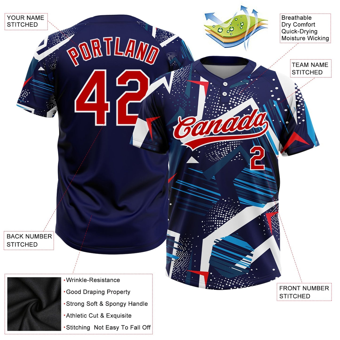 Custom Navy Red-White 3D Pattern Two-Button Unisex Softball Jersey Limited