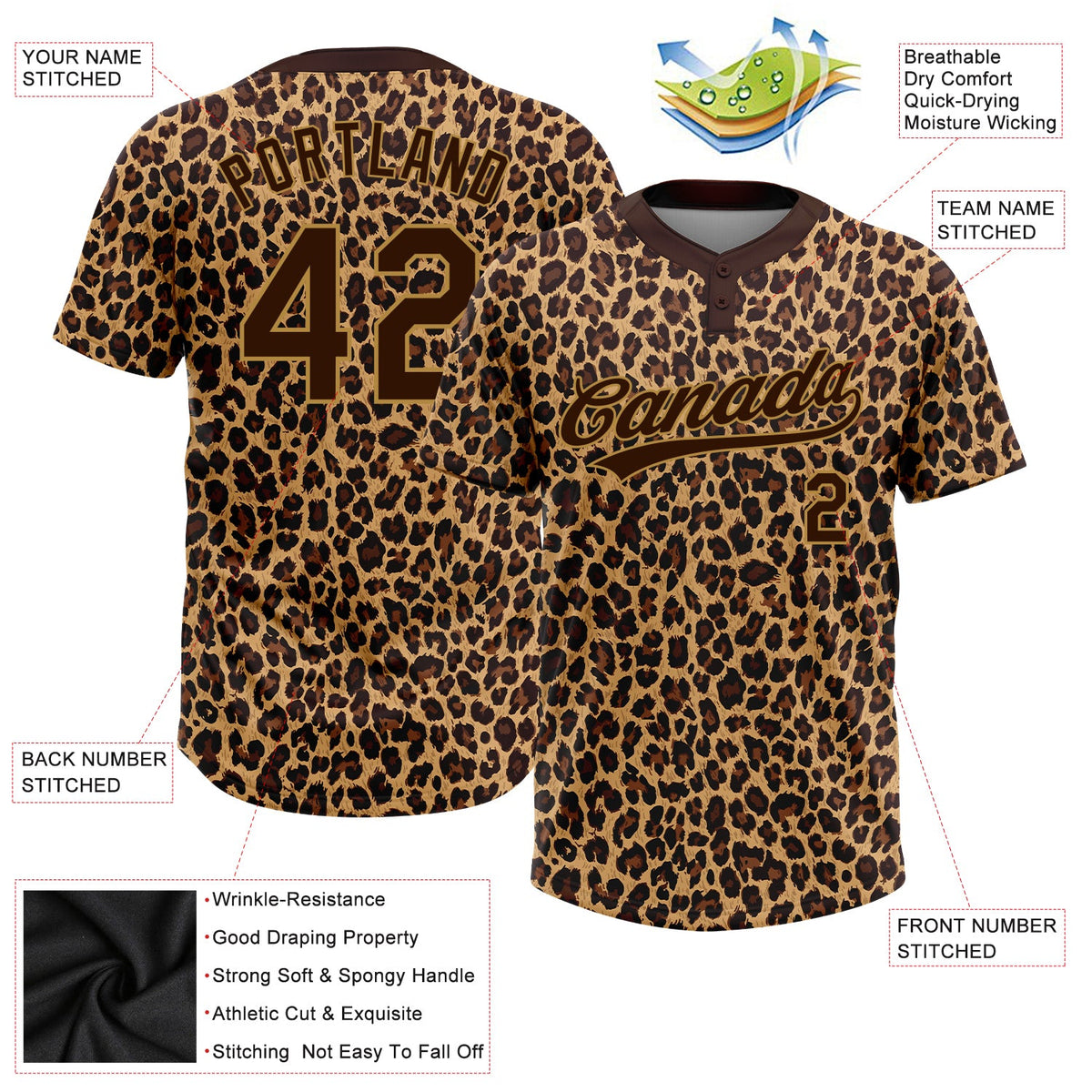 Custom Brown Brown-Old Gold 3D Pattern Leopard Two-Button Unisex Softball Jersey Limited