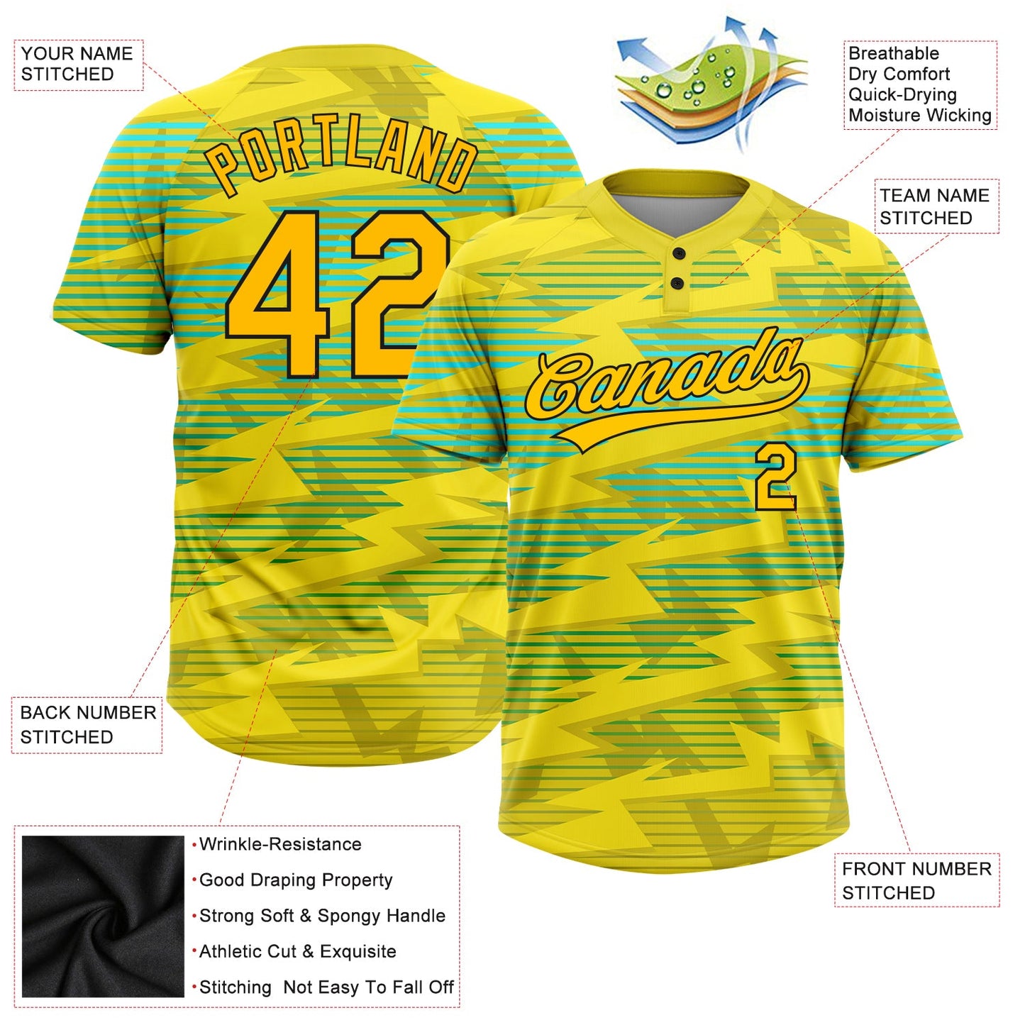 Custom Gold Gold Black-Light Blue 3D Pattern Two-Button Unisex Softball Jersey Limited