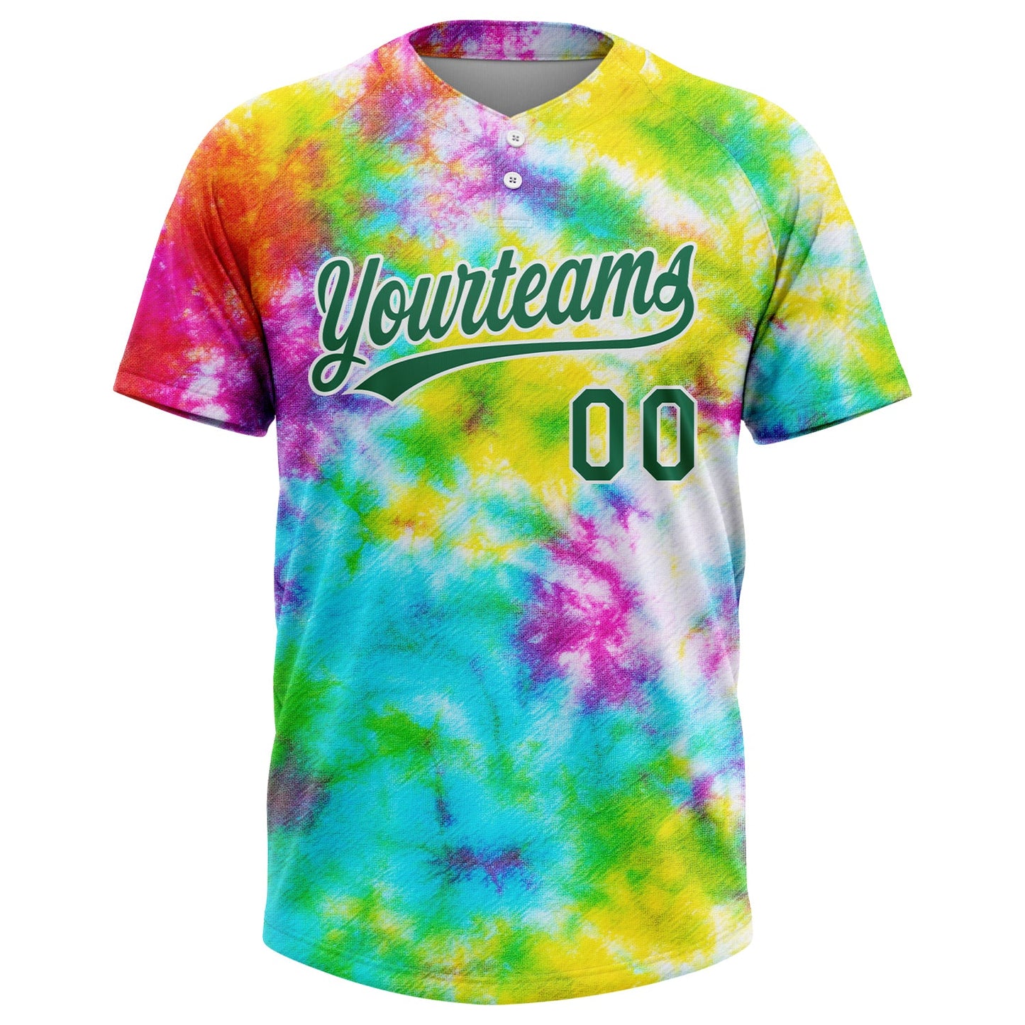 Custom Tie Dye Kelly Green-White 3D Rainbow Two-Button Unisex Softball Jersey Limited