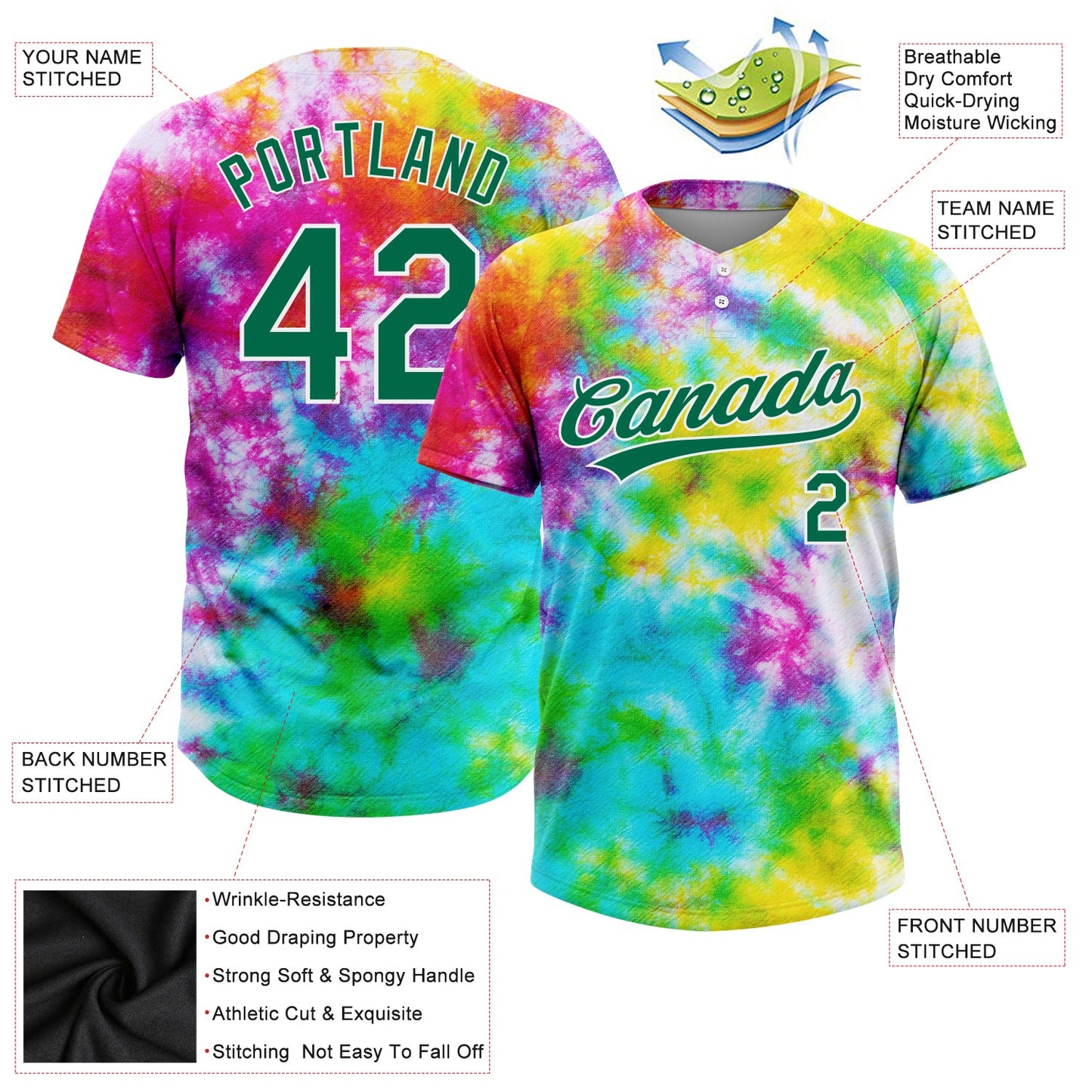 Custom Tie Dye Kelly Green-White 3D Rainbow Two-Button Unisex Softball Jersey Limited