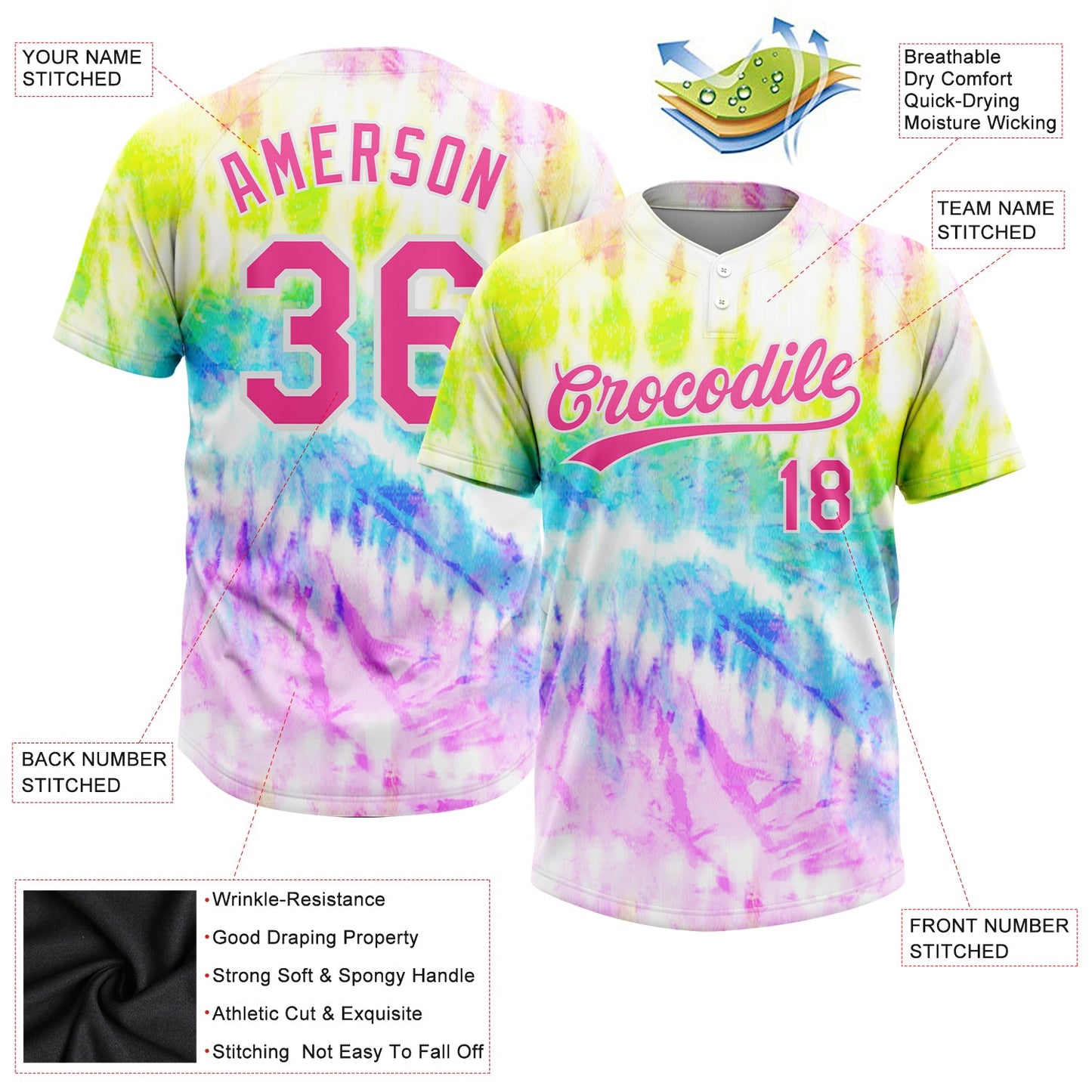 Custom Tie Dye Pink-Purple 3D Rainbow Two-Button Unisex Softball Jersey Limited