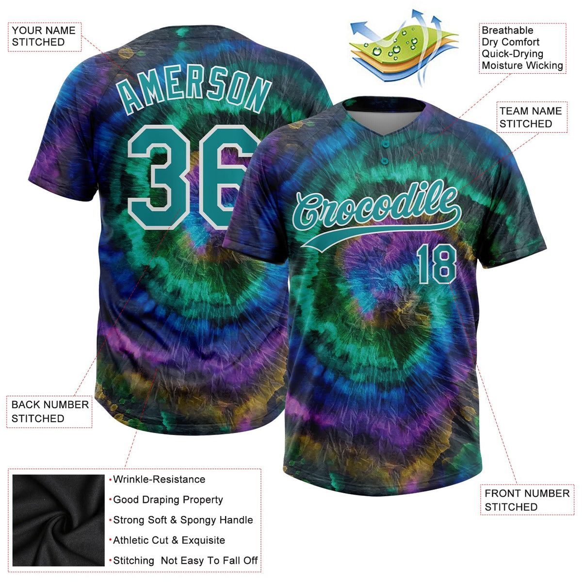 Custom Tie Dye Teal-White 3D Two-Button Unisex Softball Jersey Limited