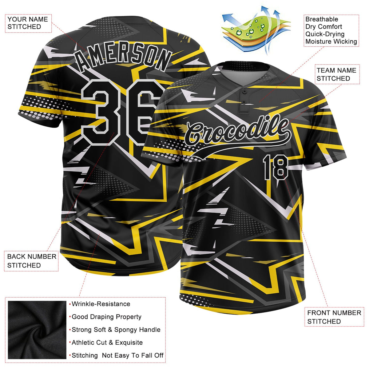Custom Black Black-Gold 3D Pattern Two-Button Unisex Softball Jersey Limited