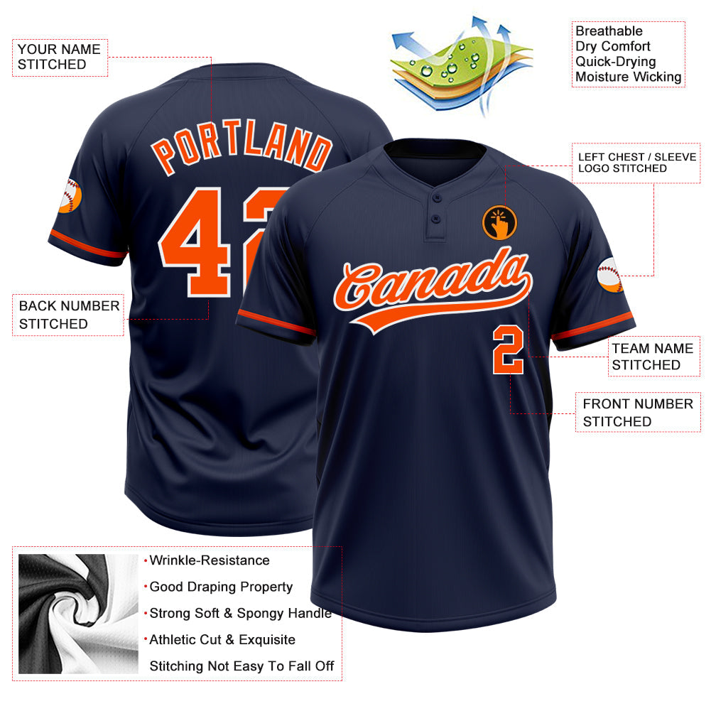 Custom Navy Orange-White Two-Button Unisex Softball Jersey Limited