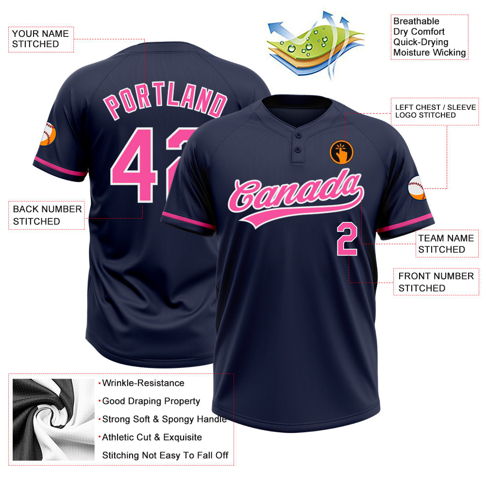 Custom Navy Pink-White Two-Button Unisex Softball Jersey Limited